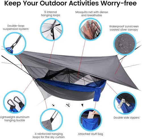 Miniatura 3 de MIFXIN - Hamaca de nailon con mosquitero, toldo de tienda de campaña, correas para árbol, portátil y bolsa de almacenamiento para acampar