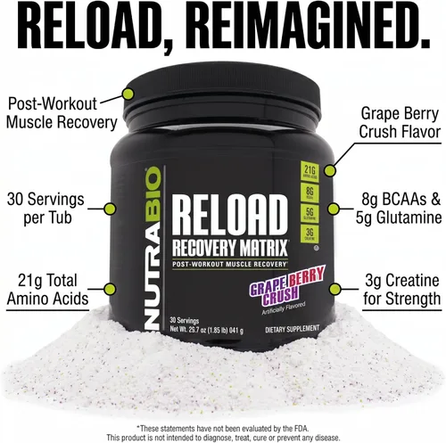 Miniatura 3 de NutraBio Reload - Potente fórmula de recuperación muscular - Suplemento después del entrenamiento - Creatina 3G - 8G BCAAs - Glutamina 5G - 30
