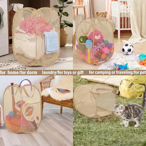 Miniatura 8 de BATTOO Cesta de lavandería desplegable de malla fuerte de lujo con bolsillo lateral para lavandería, baño, habitación de los niños, dormitorio Beige