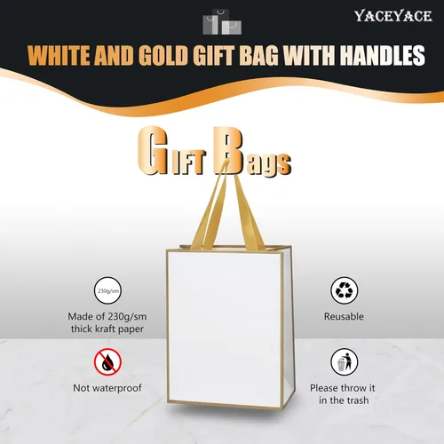 Miniatura 5 de Bolsas de regalo de tamaño mediano con asas de cinta, 10 bolsas de regalo blancas de 8 x 4.25 x 10.5 pulgadas con marco delgado dorado, bolsa