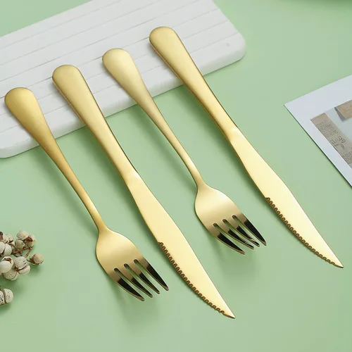 Miniatura 7 de Evanda Juego de cuchillos dorados para carne, 12 piezas, acero inoxidable chapado en titanio dorado, 6 tenedores y 6 cuchillos de cena, cuchillos