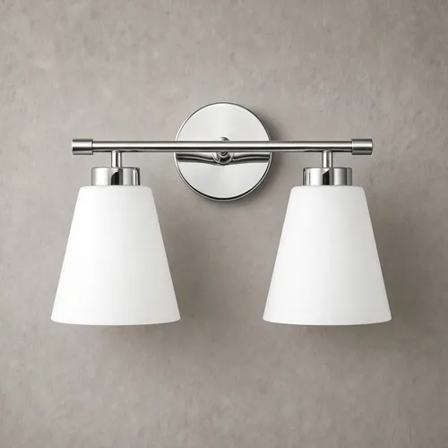 Hamilyeah Lámpara de tocador moderna de cromo para baño sobre espejo, lámpara de tocador de 2 luces con pantalla de vidrio esmerilado, lámpara de