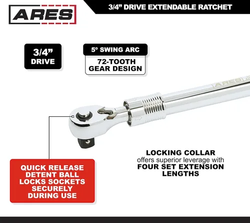 Miniatura 2 de ARES 42078 - Trinquete extensible de liberación rápida de 3/4 pulgadas - Engranaje de 72 dientes con barrido de 5 grados - El mango se extiende