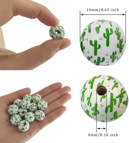 Miniatura 7 de Metulip 100 cuentas de madera con patrón de cactus, cuentas redondas naturales pulidas de 0.63 pulgadas para manualidades, manualidades, llavero