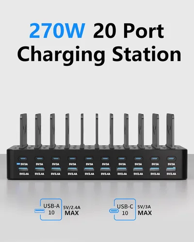 Miniatura 2 de Estación de carga de 270 W para múltiples dispositivos, estación de carga rápida USB de 20 puertos con divisores ajustables y 10 cables, base