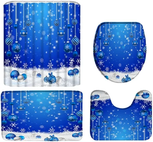 Miniatura 32 de Juego de 4 cortinas de ducha de muñeco de nieve con alfombra, diseño de árbol de pinos de invierno, lindo muñeco de nieve azul, juego de baño