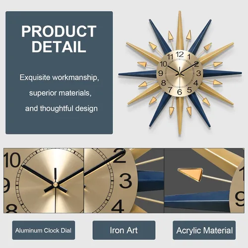 Miniatura 3 de Reloj de pared grande con diseño de estrella, reloj de pared decorativo de mediados de siglo, reloj moderno y silencioso, funciona