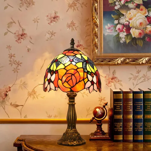 Miniatura 7 de Lámpara de Mesa Estilo Tiffany 3 Temperaturas de Color Lámparas de Vidrio Emplomado con Flores Rosas Lámpara de Mesa Pequeña Antigua para Mesita