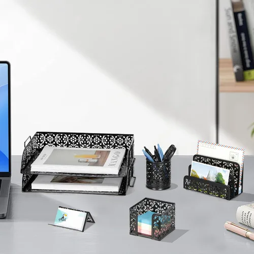 Miniatura 7 de EasyPAG Set organizador de escritorio 5 en 1 – Incluye 2 Charolas tamaño papel Carta, Clasificador de cartas, soporte de bolígrafos, recipiente