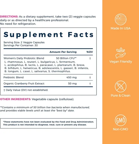 Miniatura 7 de NewRhythm Probióticos para mujeres, arándano orgánico, 50 mil millones de UFC, 18 cepas, probióticos con prebióticos, apoyan la salud digestiva,
