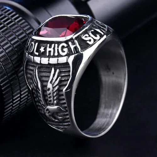 Miniatura 4 de Retro Eagle Red Ruby Color Crystal Anillos de escuela secundaria de acero inoxidable para hombres tono plateado tamaño 8-15