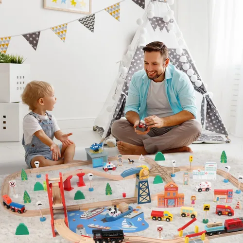 Miniatura 7 de Qilay Juego de tren de madera de 121 piezas con bolsa de almacenamiento, juego de pista de tren de madera Busy Port City para niños a partir de 3