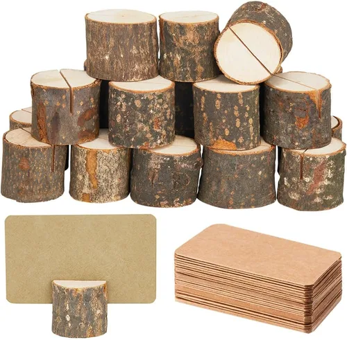 Toncoo 15 piezas de tarjeteros de madera para tarjetas de lugar y 30 piezas de tarjetas de lugar, soportes de número de mesa, decoración rústica