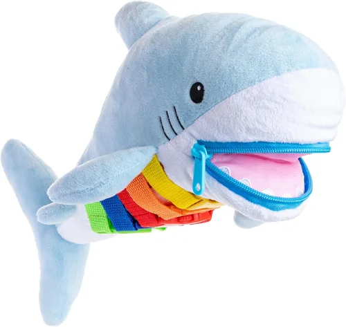 Buckle Toys - Peluche de tiburón Bruce - Juguete de viaje Montessori para niños pequeños - Desarrolla habilidades motoras y resolución de problemas