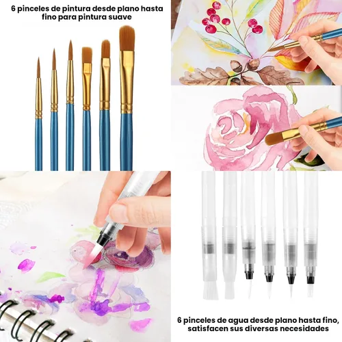 Miniatura 4 de Blablaovy Pintura de acuarela, juego de pintura lavable de 48 colores, 6 pinceles, 6 bolígrafos de agua recargables, almohadilla de dibujo, paleta