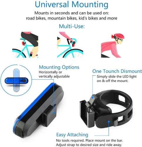 Miniatura 6 de Paquete de 2 luces traseras azules para bicicleta, luces traseras de bicicleta recargables por USB, ultra brillantes, luz trasera LED de alta