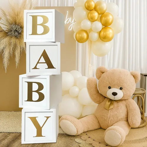 Decoraciones de baby shower, cajas de globos para bebé, bloques con 30 letras para bricolaje niño y niña, primer cumpleaños, oso de peluche, baby
