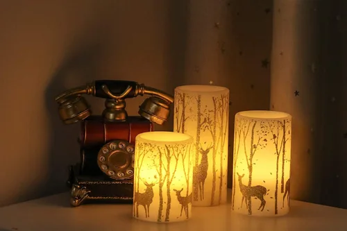 Miniatura 4 de GenSwin Velas parpadeantes sin llama que funcionan con pilas con temporizador de 6 horas, velas LED de cera real, calcomanías de ciervo, luz cálida