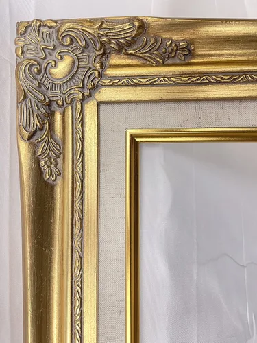 TP Marco de fotos (sin vidrio y respaldo): madera adornada dorada clásica con forro de lino crema, estilo antiguo/vintage, estilo shabby chic,