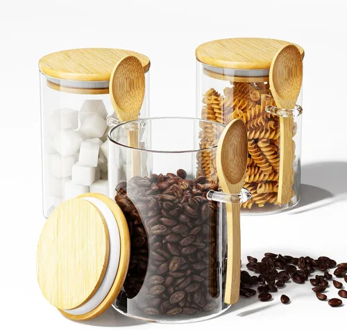 Recipientes de Café Azúcar Sales - Frascos de 15 oz de Vidrio Hermético Caning con Tapas de Bambú y Cucharas Medidoras, Almacenamiento de Avena