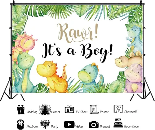 Miniatura 3 de Cartel de fondo de baby shower de dinosaurio pequeño de 7 x 5 pies con texto en inglés "It's A Boy" ("It's A Boy"), telón de fondo para baby shower
