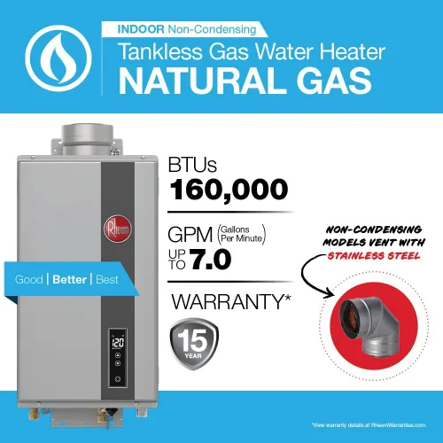 Miniatura 2 de Rheem RTG-70DVLN-3 Calentador de gas natural sin tanque, interior, ventilación directa, alta eficiencia, no condensación, 7.0 GPM, 160,000 BTUs