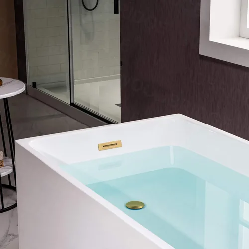 Miniatura 14 de WOODBRIDGE Bañera de acrílico independiente de 67 pulgadas, bañera blanca de remojo contemporáneo con desbordamiento y drenaje de oro cepillado