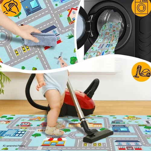 Miniatura 6 de Alfombra de coche para niños, 2 pies 7 pulgadas x 4 pies, alfombra de juego para trenes de autos de juguete, alfombra antideslizante para pista