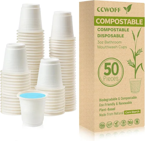 50 tazas de baño de 3 onzas 100% compostables, biodegradables, ecológicas, pequeñas, desechables, para enjuague bucal de baño, desechables para