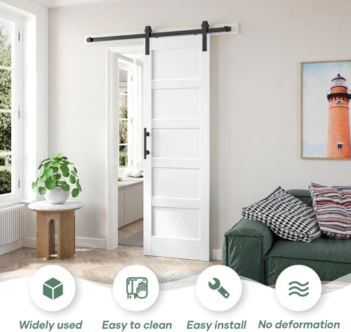 Miniatura 2 de Fredbeck puerta de granero blanca de 24x84 pulgadas con kit de herrajes para puerta corredera de 4 pies incluido y manija, MDF, superficie de PVC