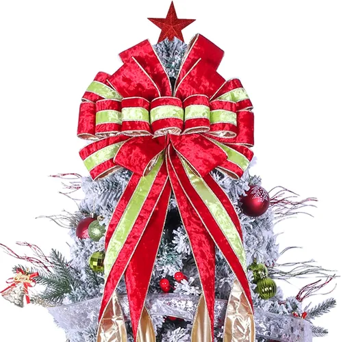 Miniatura 11 de Adorno de lazo grande para punta de árbol de Navidad y corona, lazo con cinta roja de arpillera y borde blanco de poliéster, para hogar, Acción