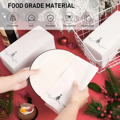 Miniatura 5 de 100 paquete de servilletas desechables de Navidad para invitados 12 x 17 pulgadas Árboles de Navidad de papel de aluminio plateado Toallas de mano