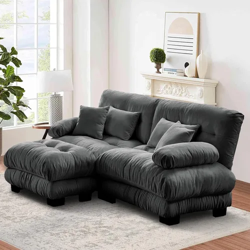 Miniatura 78 de Reposapiés Otomano Tapizado de Terciopelo con Cojín para Sofá Seccional Sofá 300 libras para Sala de Estar (Beige)