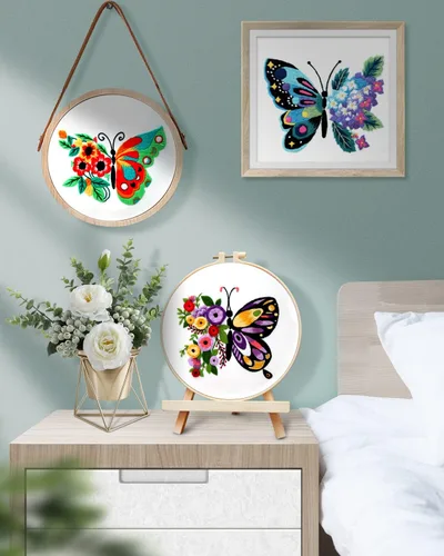 Miniatura 7 de TINDTOP 3 juegos de kit de práctica de bordado, kit de bordado de mariposas y flores para principiantes incluye tela, aros, hilos para amantes