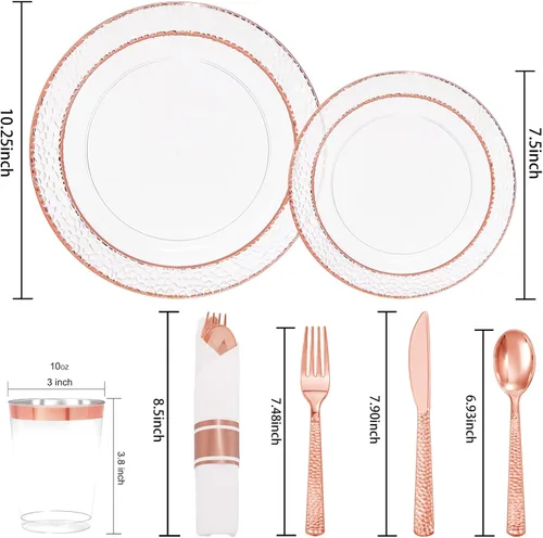 Miniatura 6 de Liacere 350 platos de plástico color oro rosa, platos desechables de rosa transparente, 50 invitados, incluyen 50 platos llanos, 50 platos
