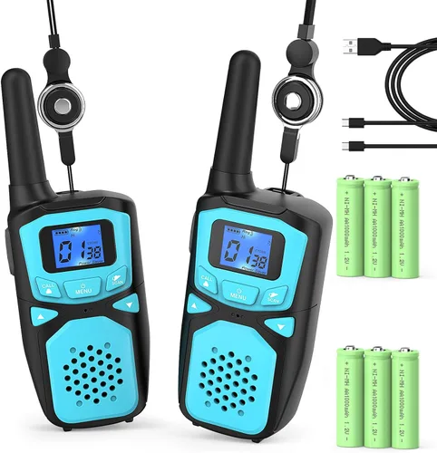 Walkie Talkies para niños recargables, paquete de 2 Walkie-Talkie de largo alcance para radio pequeña de 2 vías, manos libres, campamento al aire