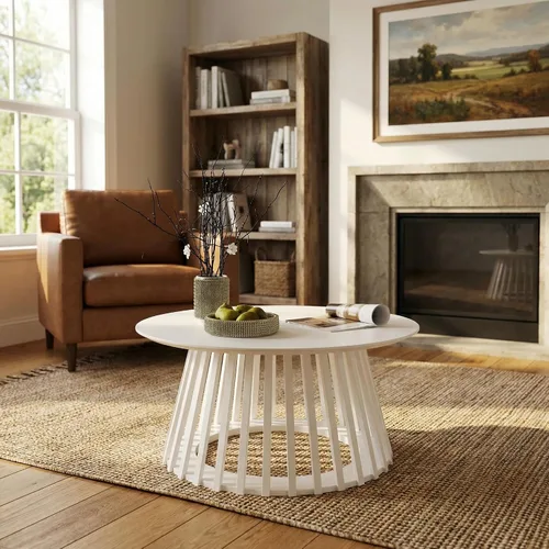 Miniatura 6 de DUOMAY Moderna mesa de centro redonda de madera maciza con base geométrica, mesa central de madera resistente para sala de estar, salón, oficina