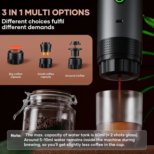 Miniatura 4 de Máquina de Café Portátil con Batería, Cafetera Espresso, 20 Bares Nano, Mini Máquinas de Espresso para Coche, Autocalentamiento, Eléctrica, USB-C