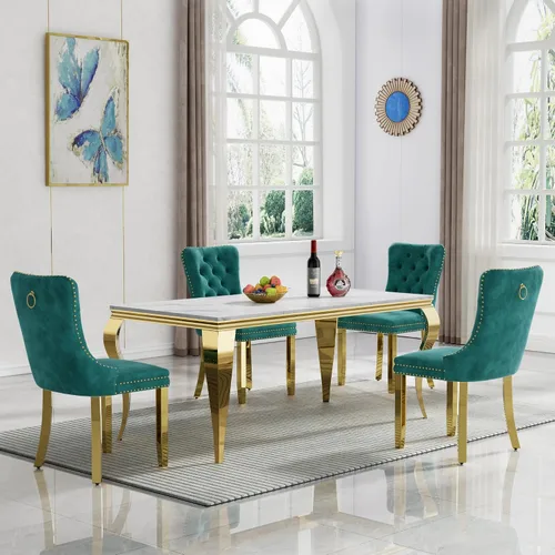 Miniatura 36 de Moderno juego de mesa de comedor de mármol sintético de 68.11 pulgadas para 6, mesa de comedor de mármol blanco y plateado con 6 sillas de Blanco