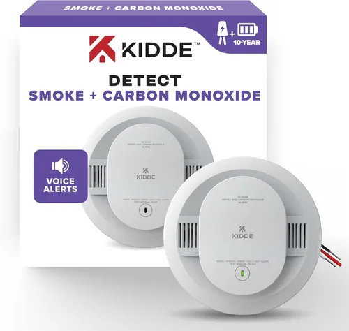 Kidde Detector de humo y monóxido de carbono cableado, batería de reserva de 10 años, alertas de voz, indicadores de luz de advertencia LED