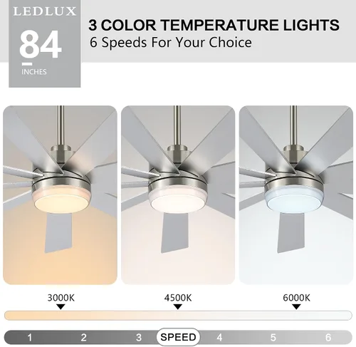 Miniatura 4 de LEDLUX Ventilador de techo con motor CC de 84 pulgadas con luz, control remoto de 6 velocidades, motor reversible, moderno ventilador de techo Plata