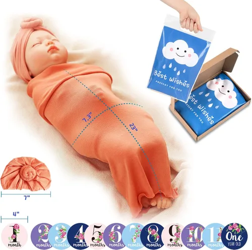 Miniatura 3 de Trilly Juego de manta para bebé con turbante, rosa coral, 12 calcomanías de hitos para niñas, mantas para recién nacidos