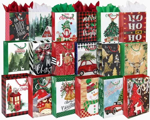 Party Funny Juego de 24 bolsas grandes de regalo de Navidad a granel con asas, 26 papel de seda y 60 etiquetas de regalo de Navidad, 24 diseños