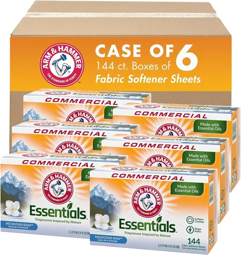 Arm & Hammer Essentials - Hojas suavizantes de telas, lluvia de montaña, 144 unidades