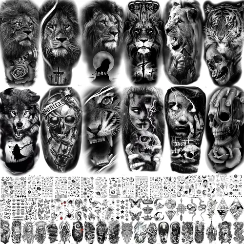 70 hojas de tatuajes temporales realistas en 3D de antebrazo, lobo, tigre, león, para hombres y mujeres, brazo del muslo, calavera aterradora,