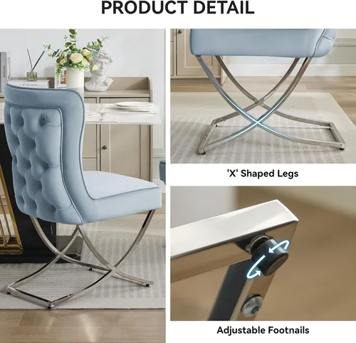 Miniatura 4 de WUTUTUEE Sillas de Comedor de Terciopelo de Lujo, Sillas de Acento Tapizadas Capitoné sin Brazos con Patas de Metal Plateado en X, Juego de 2 Sillas