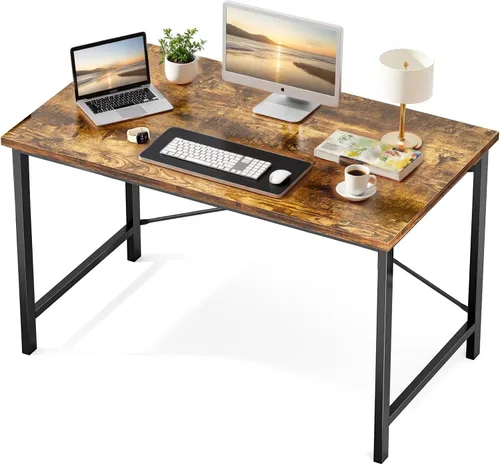 Miniatura 28 de Sweetcrispy Escritorio de oficina pequeño para computadora de 32 pulgadas, para estudiar, escribir, trabajar con marco de metal, mesa de madera