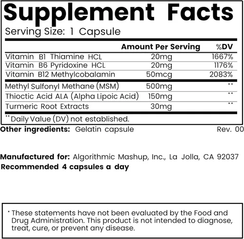 Miniatura 5 de Suplemento de apoyo nervioso – Ácido alfa lipoico, B1, B6, B12, Pureblend de MSM, cúrcuma – Fórmula avanzada de apoyo a la neuropatía para la salud