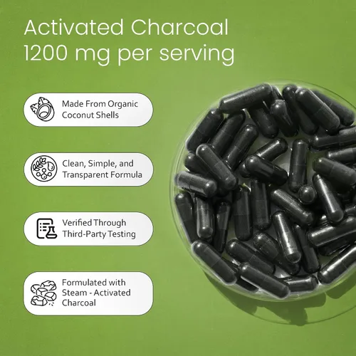 Miniatura 4 de NaturaLife Labs Carbón activado 1200 mg por porción - de cáscaras de coco - 100 cápsulas vegetales - Sin OMG, sin gluten, vegano (2)