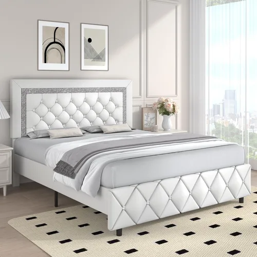 Miniatura 15 de Base de cama individual, plataforma de piel sintética con cabecera tapizada de diamante, base de colchón con fuerte soporte de listones de madera